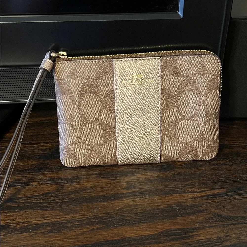 Coach Gold and Brown Signature Wristlet - Picture 1 of 8